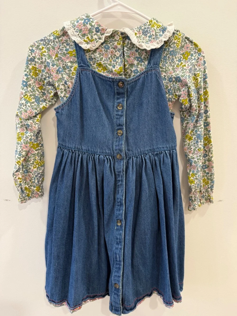 Mini Boden -Denim Button-through Pinafore Dress w/Ruffle Collared Top, Size 8-9y